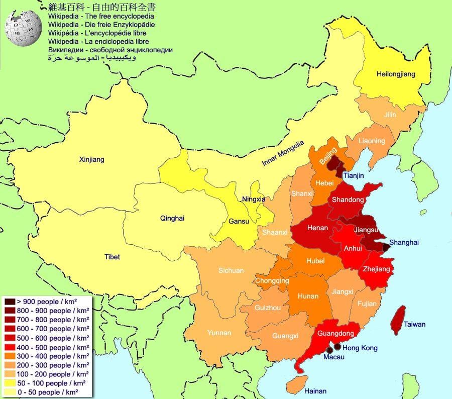 mapa de China poboación