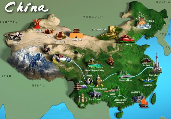 mapa de China atraccións turísticas
