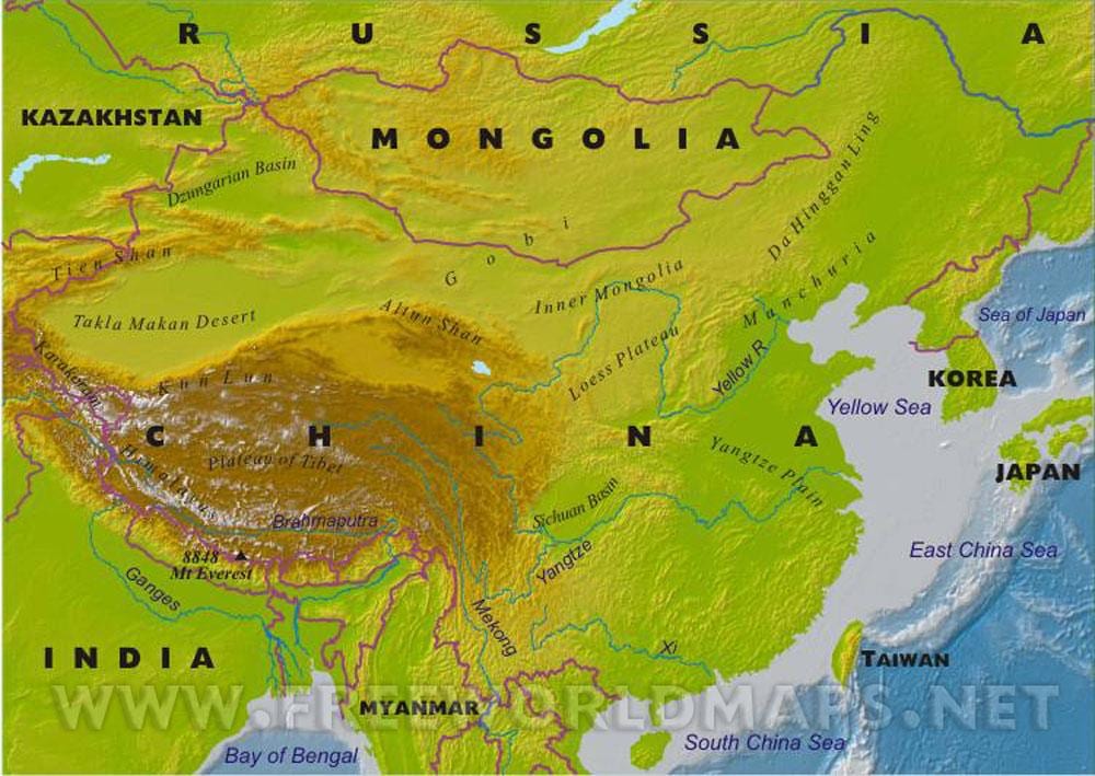 mapa de China con características xeográficas