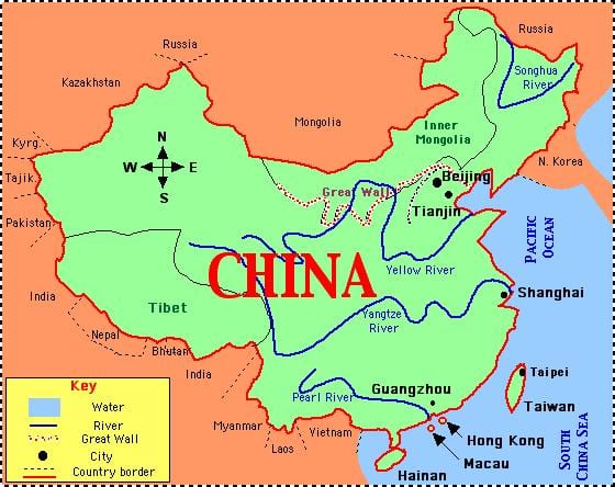 China mapa cos ríos e montañas