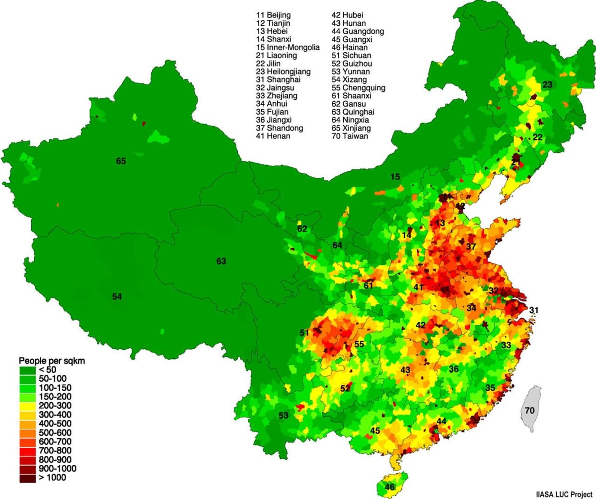 poboación distribución mapa de China