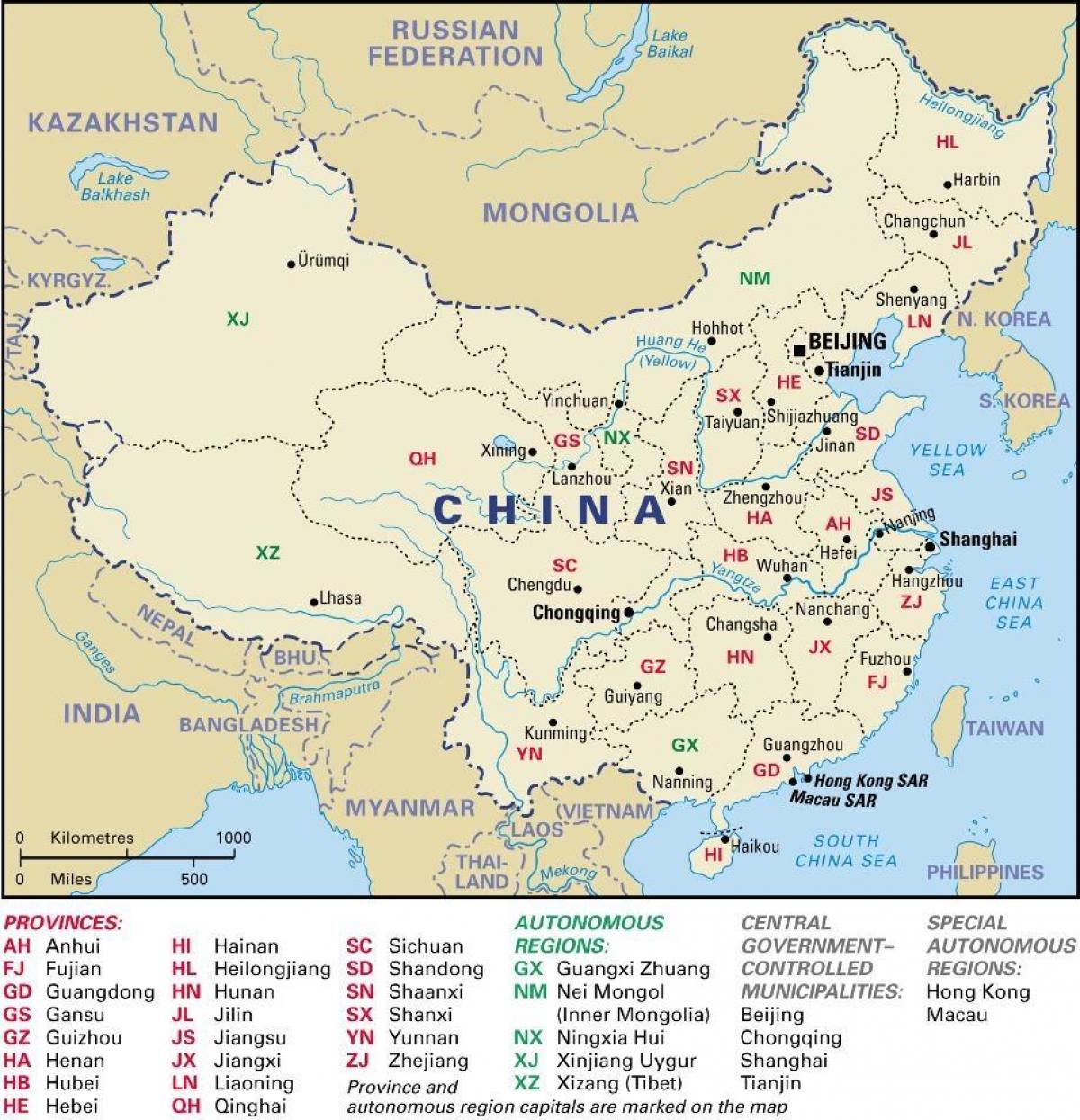 mapa de China provincias e capitais