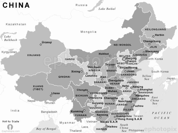 mapa de China en branco e negro