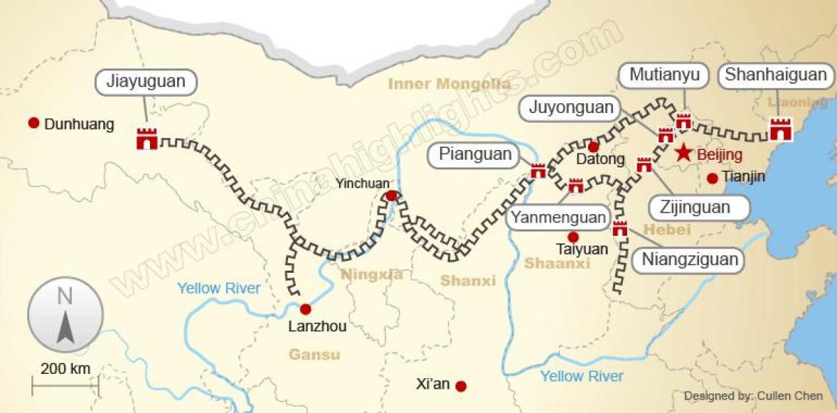 gran muralla de China en mapa